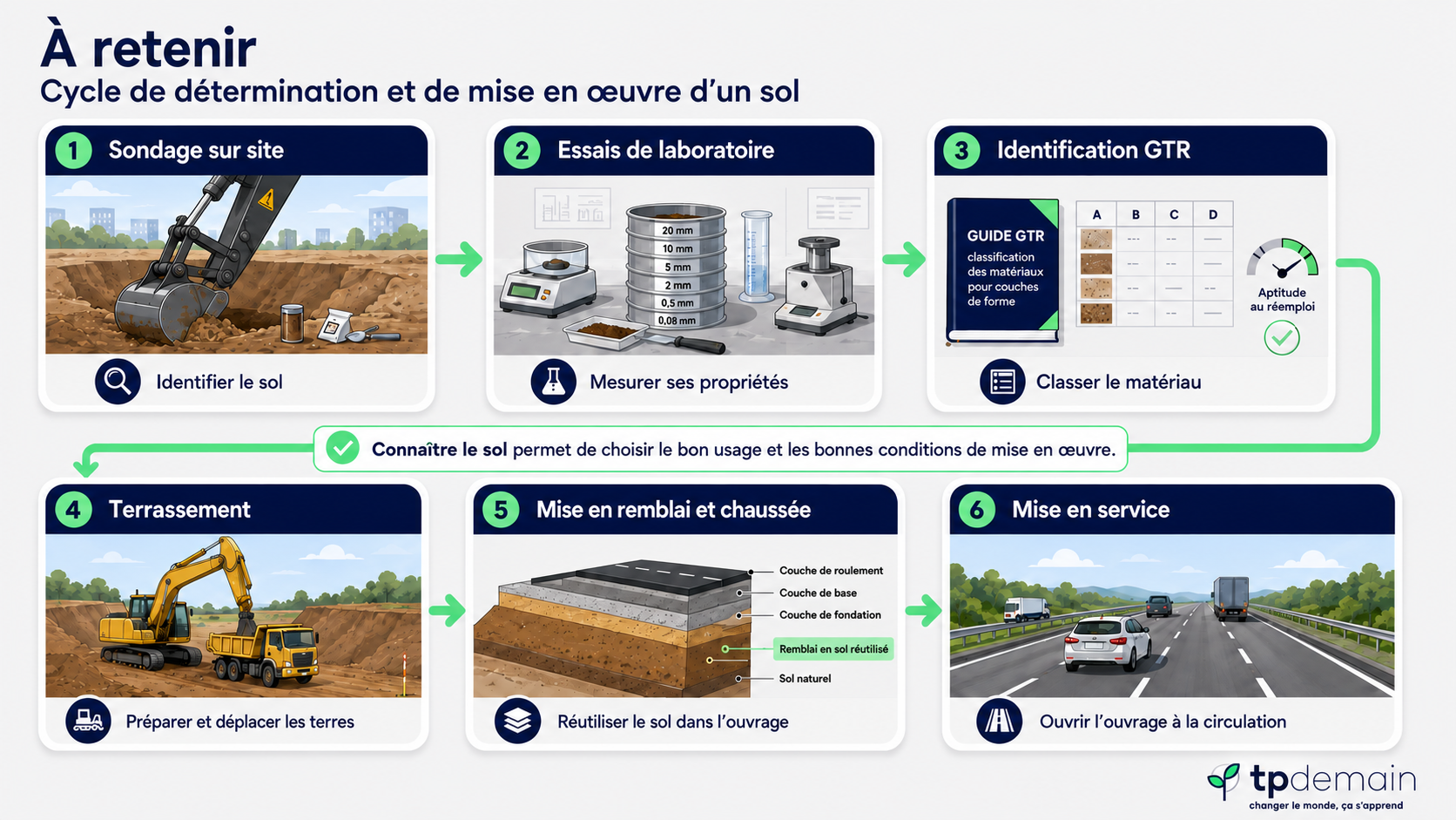 Infographie pédagogique présentant le cycle de détermination et de mise en œuvre d’un sol en six étapes : sondage sur site, essais de laboratoire, identification GTR, terrassement, mise en remblai et chaussée, puis mise en service de l’ouvrage.
