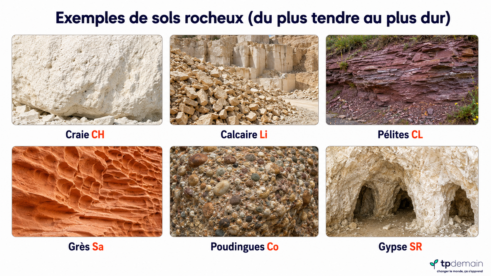 Infographie présentant six exemples de sols rocheux, du plus tendre au plus dur : craie, calcaire, pélites, grès, poudingues et gypse. Chaque matériau est illustré par une photographie et identifié par son nom et son code de classification.