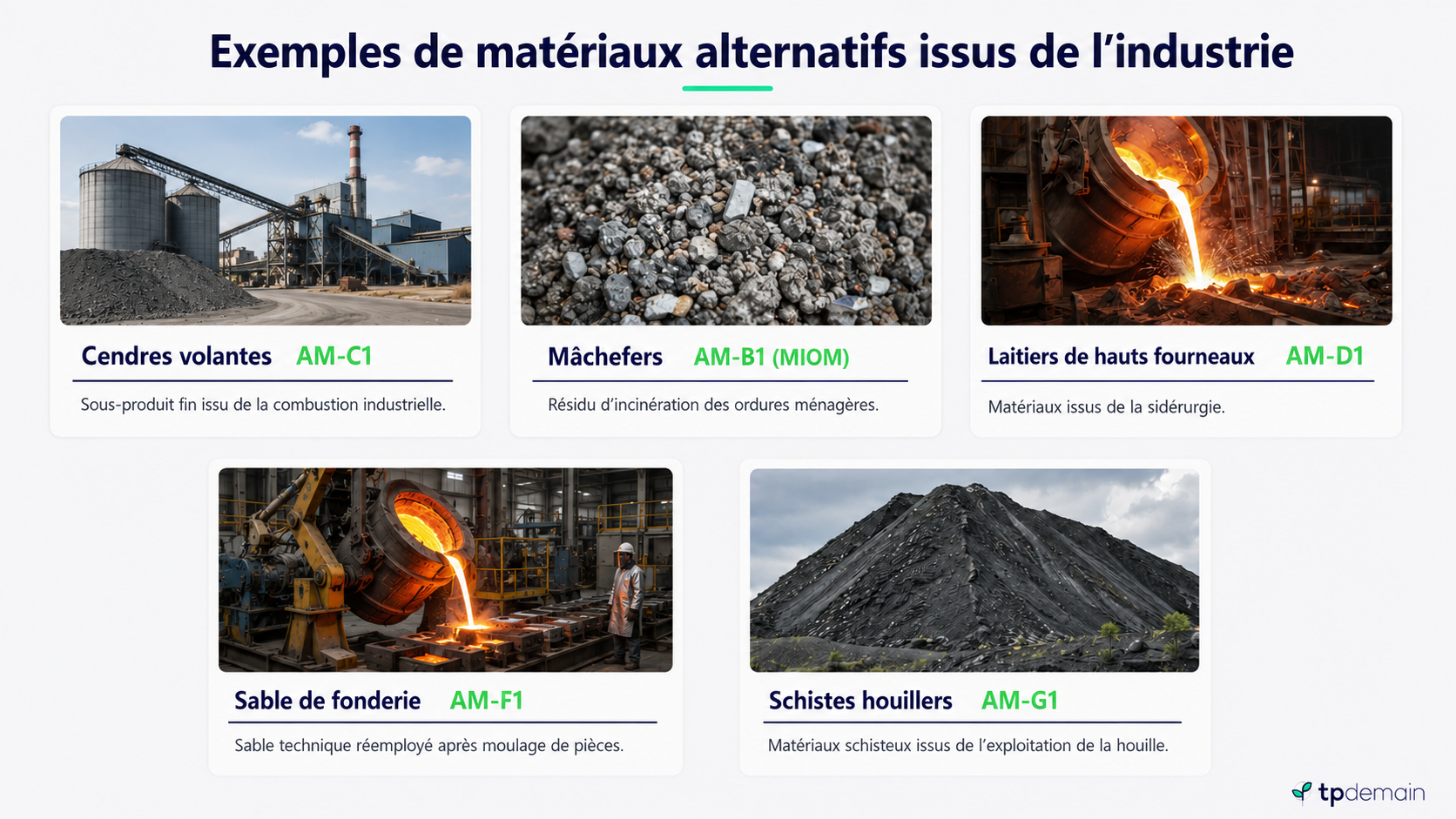 Infographie présentant cinq exemples de matériaux alternatifs issus de l’industrie : cendres volantes AM-C1, mâchefers AM-B1, laitiers de hauts fourneaux AM-D1, sable de fonderie AM-F1 et schistes houillers AM-G1.