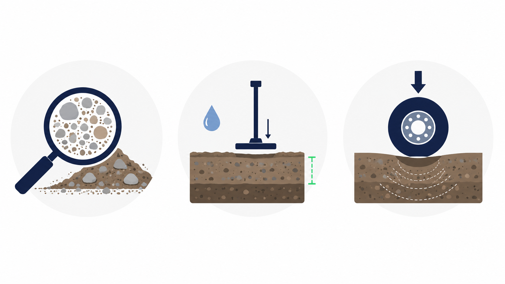Illustration vectorielle montrant trois pictogrammes pour caractériser un sol : une loupe sur des grains, une couche de sol avec humidité et compactage, puis une roue exerçant une pression sur le sol.