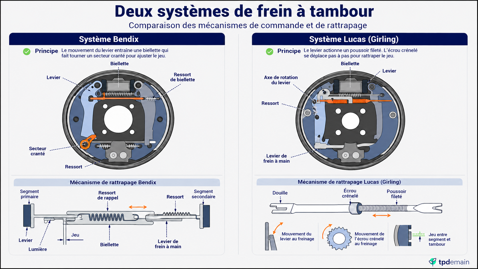 Infographie technique comparant deux systèmes de frein à tambour : le système Bendix et le système Lucas/Girling. Chaque partie montre l’intérieur d’un frein à tambour avec ses principaux composants, comme le levier, la biellette, les ressorts, les segments de frein et les mécanismes de rattrapage. Le visuel explique comment chaque système compense progressivement le jeu entre les segments et le tambour afin de maintenir un freinage efficace.