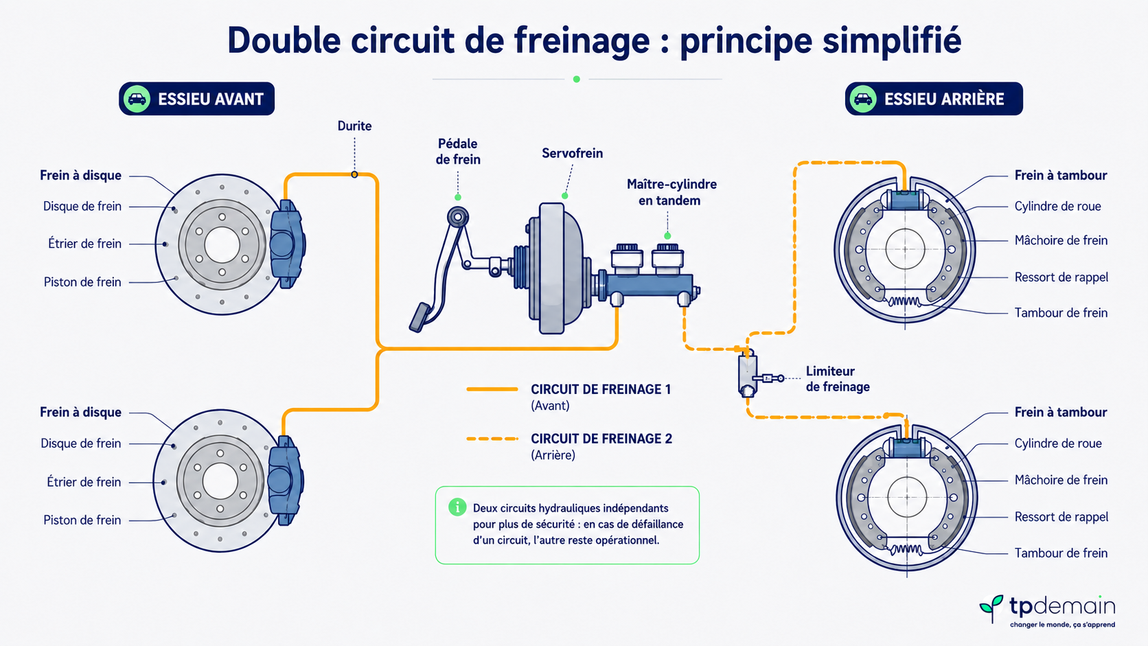 Infographie technique présentant le principe d’un double circuit de freinage. Le schéma montre la pédale de frein, le servofrein, le maître-cylindre en tandem, les durites, le limiteur de freinage, les freins à disque de l’essieu avant et les freins à tambour de l’essieu arrière. Deux circuits hydrauliques indépendants sont distingués pour montrer qu’en cas de défaillance d’un circuit, l’autre peut continuer à assurer une partie du freinage.