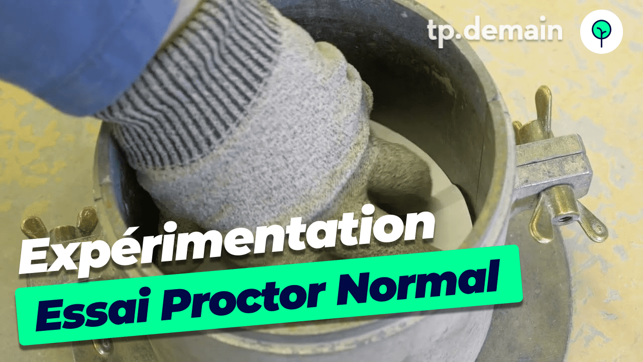 Guide visuel sur comment réaliser l’essai Proctor normal avec des échantillons de matériaux, moule Proctor, dame Proctor, et graphiques illustrant la détermination de la teneur en eau optimum Proctor dans un laboratoire de travaux publics.