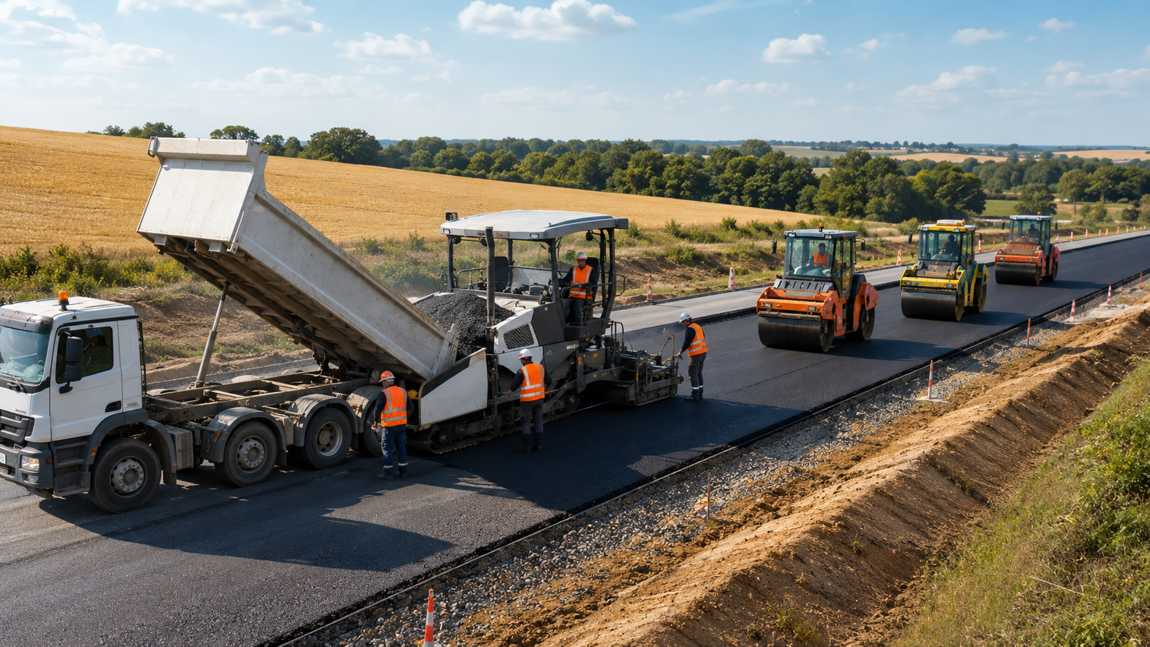Atelier de mise en œuvre d’enrobé bitumineux sur chantier routier, avec camion benne, finisseur, compacteurs et ouvriers en EPI.