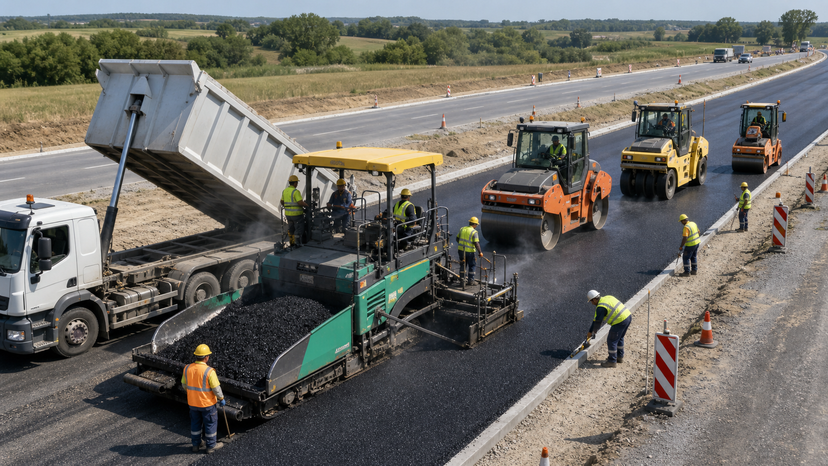 Atelier de mise en œuvre d’enrobé bitumineux sur chantier routier, avec camion benne, finisseur, compacteurs et ouvriers en EPI.