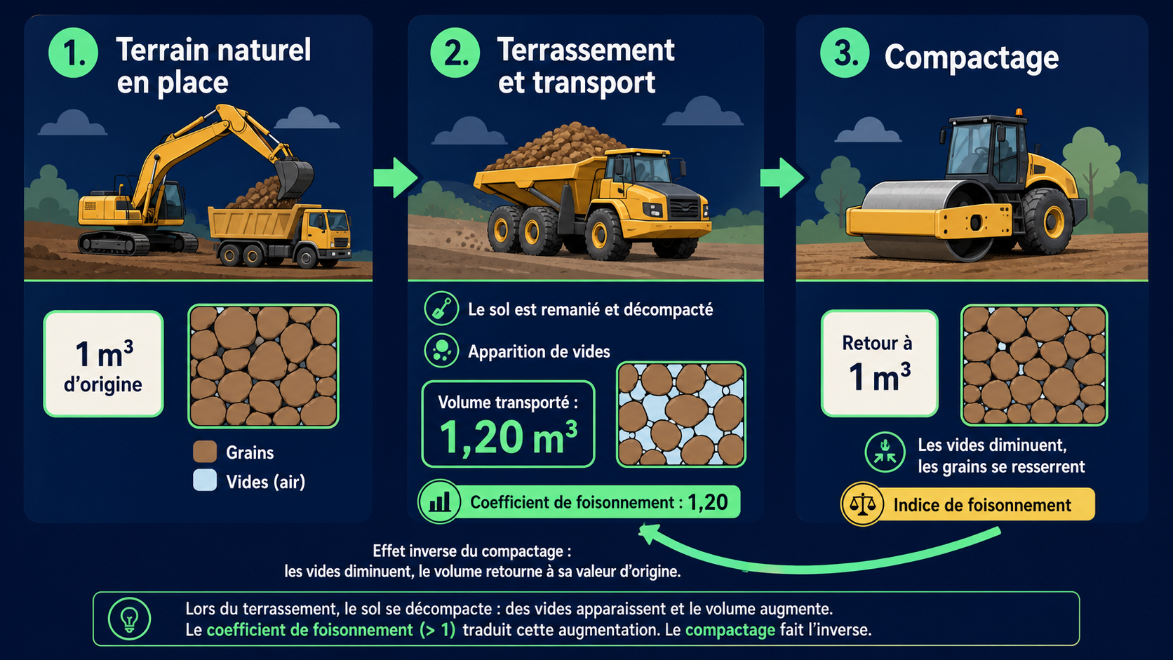 Infographie pédagogique en trois étapes montrant le foisonnement des sols sur un chantier de terrassement : terrain naturel en place avec 1 m³ d’origine, augmentation du volume à 1,20 m³ après excavation et transport en raison de l’apparition de vides, puis retour à 1 m³ après compactage. L’illustration montre une pelle, un tombereau et un compacteur, avec des schémas de grains et de vides d’air.