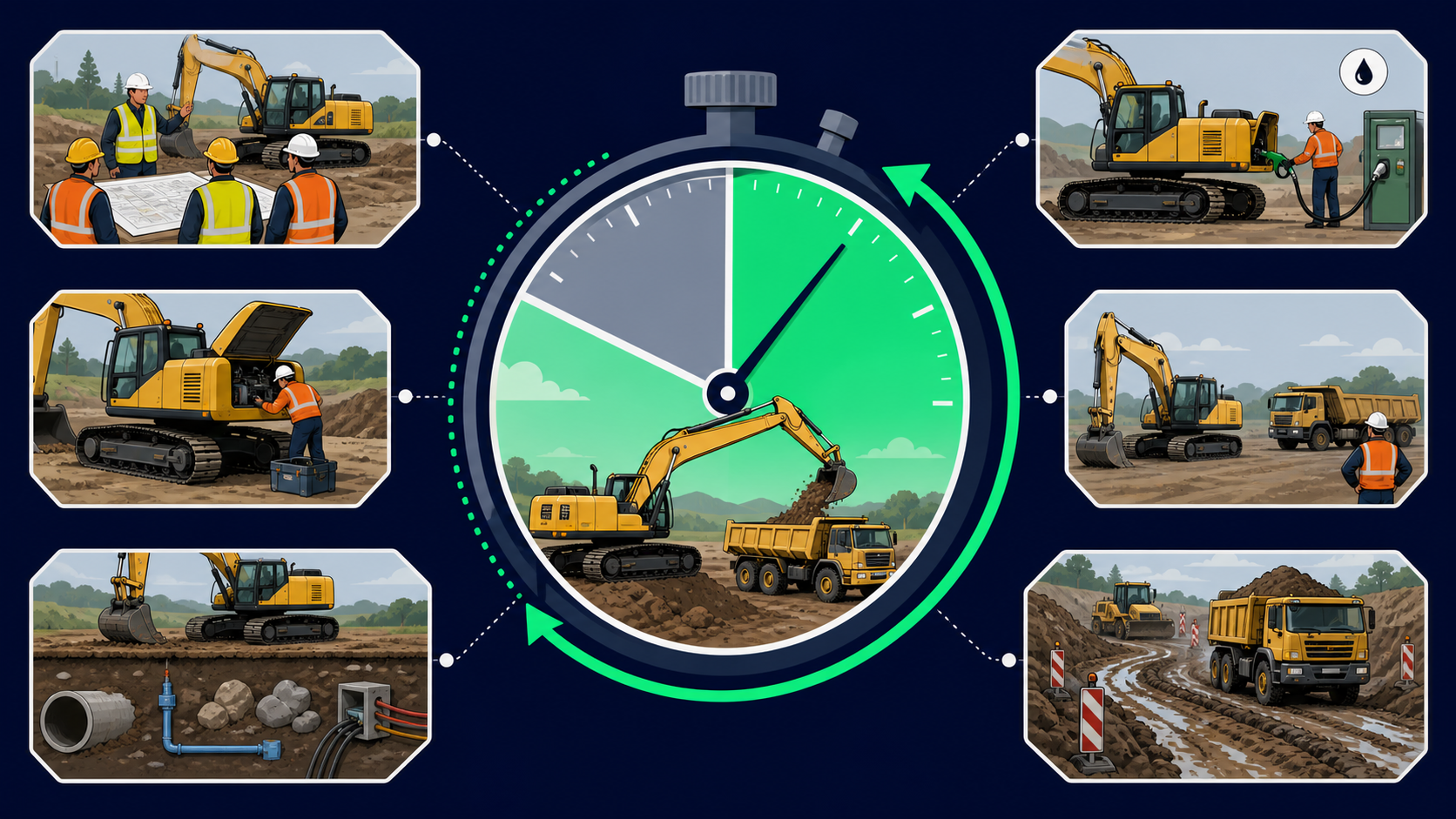 Infographie pédagogique en flat design sur l’efficience d’un échelon de chantier. Au centre, un grand chronomètre vert montre une pelle chargeant un camion, pour symboliser le rapport entre temps productif et temps de présence. Autour, six vignettes illustrent les causes de baisse d’efficience : consignes avant démarrage, ravitaillement en carburant, panne ou entretien imprévu, présence de réseaux enterrés, attente de transport ou de réglage, et circulation difficile sur chantier. L’ensemble se déroule dans un univers de Travaux Publics avec engins, ouvriers et pistes de chantier.