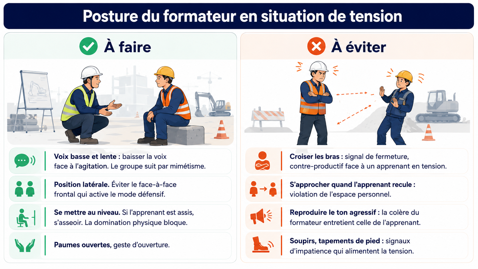 Infographie intitulée « Posture du formateur en situation de tension ». Elle compare deux colonnes : « À faire » et « À éviter ». La partie « À faire » montre un formateur calmement positionné au niveau d’un apprenant, avec une posture ouverte, et rappelle quatre attitudes recommandées : parler d’une voix basse et lente, adopter une position latérale, se mettre au niveau de l’apprenant et garder les paumes ouvertes. La partie « À éviter » montre un formateur fermé face à un apprenant en tension, et liste quatre attitudes contre-productives : croiser les bras, s’approcher quand l’apprenant recule, reproduire un ton agressif, et manifester de l’impatience par des soupirs ou des tapements de pied.