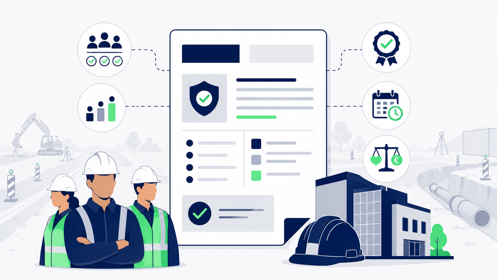 Illustration vectorielle montrant un document réglementaire stylisé au centre, entouré d’un groupe de travailleurs, d’un bâtiment d’entreprise et d’un casque de chantier. Des pictogrammes représentent les règles collectives, les qualifications et les conditions d’emploi. En arrière-plan, une évocation discrète d’un chantier de Travaux Publics rappelle le secteur d’activité.