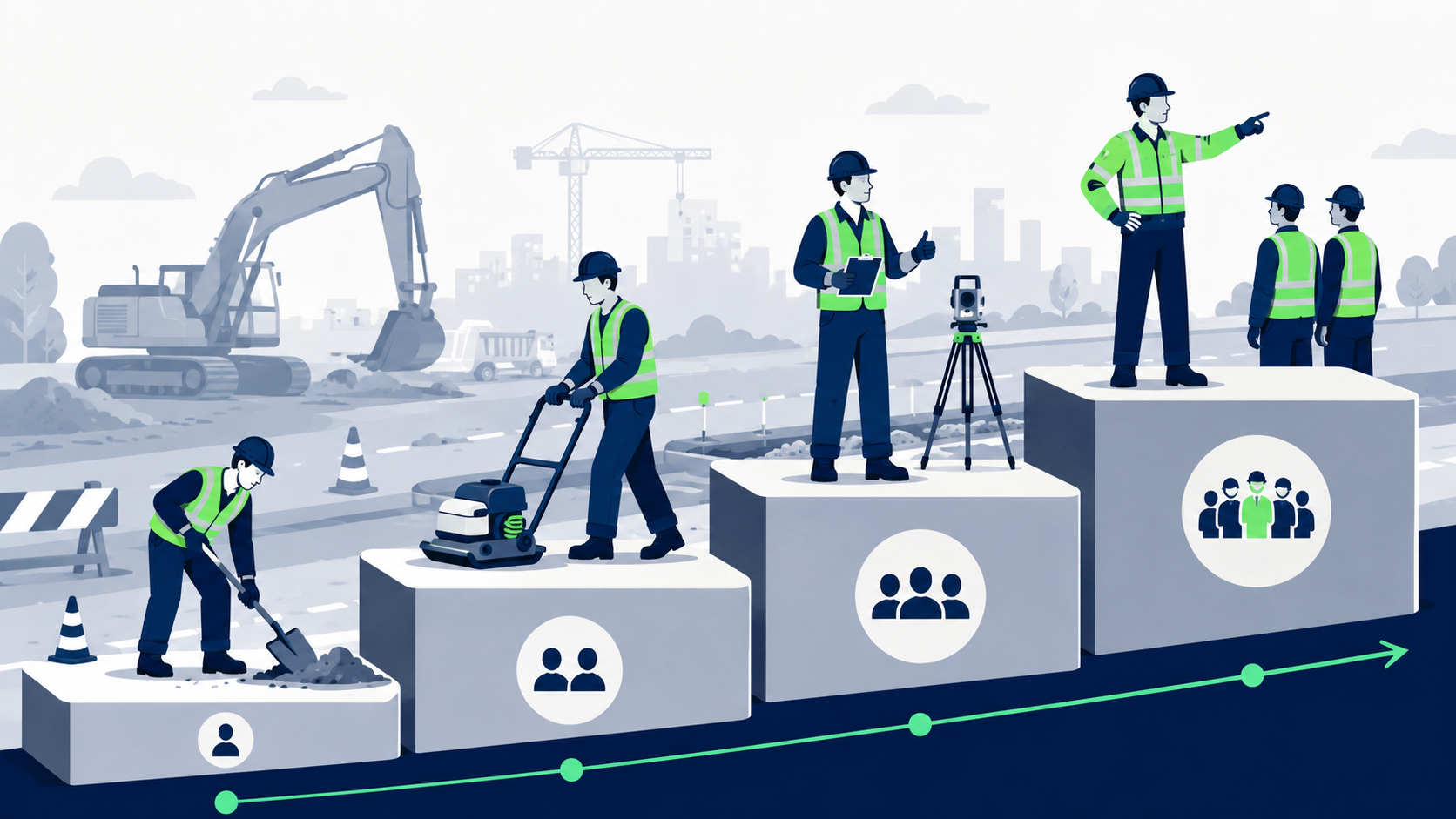 Illustration vectorielle en flat design montrant quatre paliers de progression professionnelle dans les Travaux Publics. Chaque niveau présente un ouvrier ou une mini-scène illustrant une montée en compétence : travail d’exécution au premier palier, conduite d’un matériel léger au deuxième, autonomie technique au troisième avec relevé ou contrôle, puis supervision d’équipe au quatrième avec un chef d’équipe donnant des consignes. En arrière-plan, un chantier de Travaux Publics stylisé avec engin, voirie et balisage.