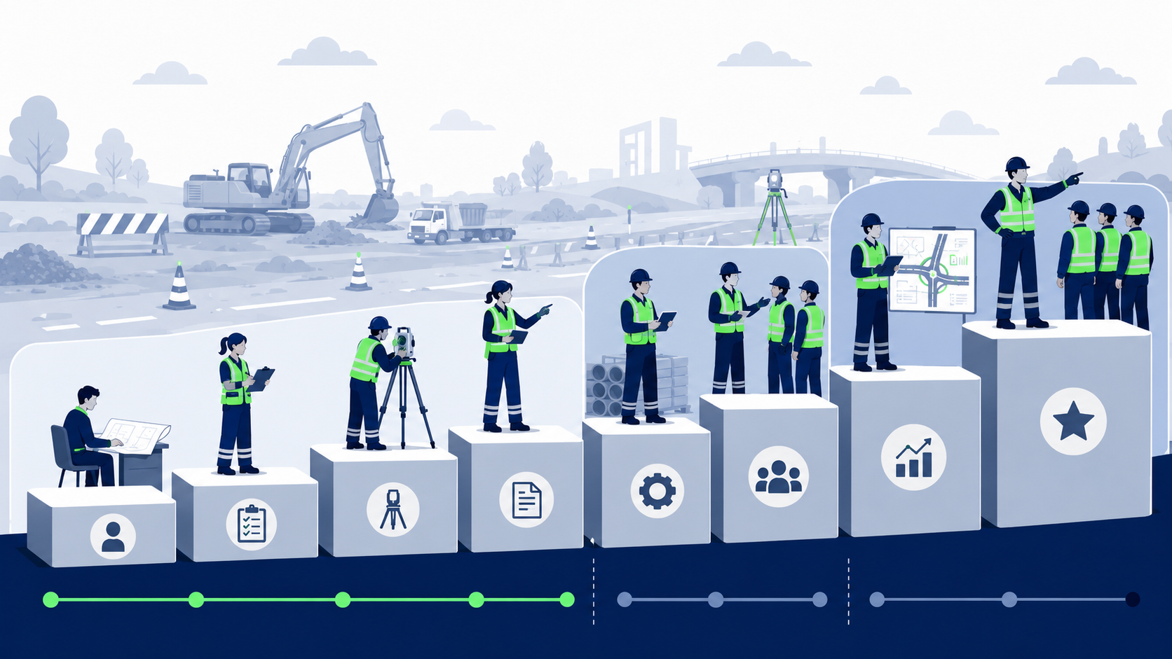 Illustration vectorielle en flat design montrant la classification des ETAM des Travaux Publics sous forme de huit paliers de progression professionnelle. Les paliers sont regroupés en trois ensembles visuels. Les premiers niveaux montrent des profils en appui technique, suivi ou relevé, puis des niveaux intermédiaires illustrent davantage d’autonomie, d’organisation et de coordination. Les derniers niveaux montrent des profils confirmés en situation de pilotage, de supervision d’équipe et de maîtrise technique. En arrière-plan, un chantier de Travaux Publics stylisé avec engin, voirie, balisage et infrastructure.