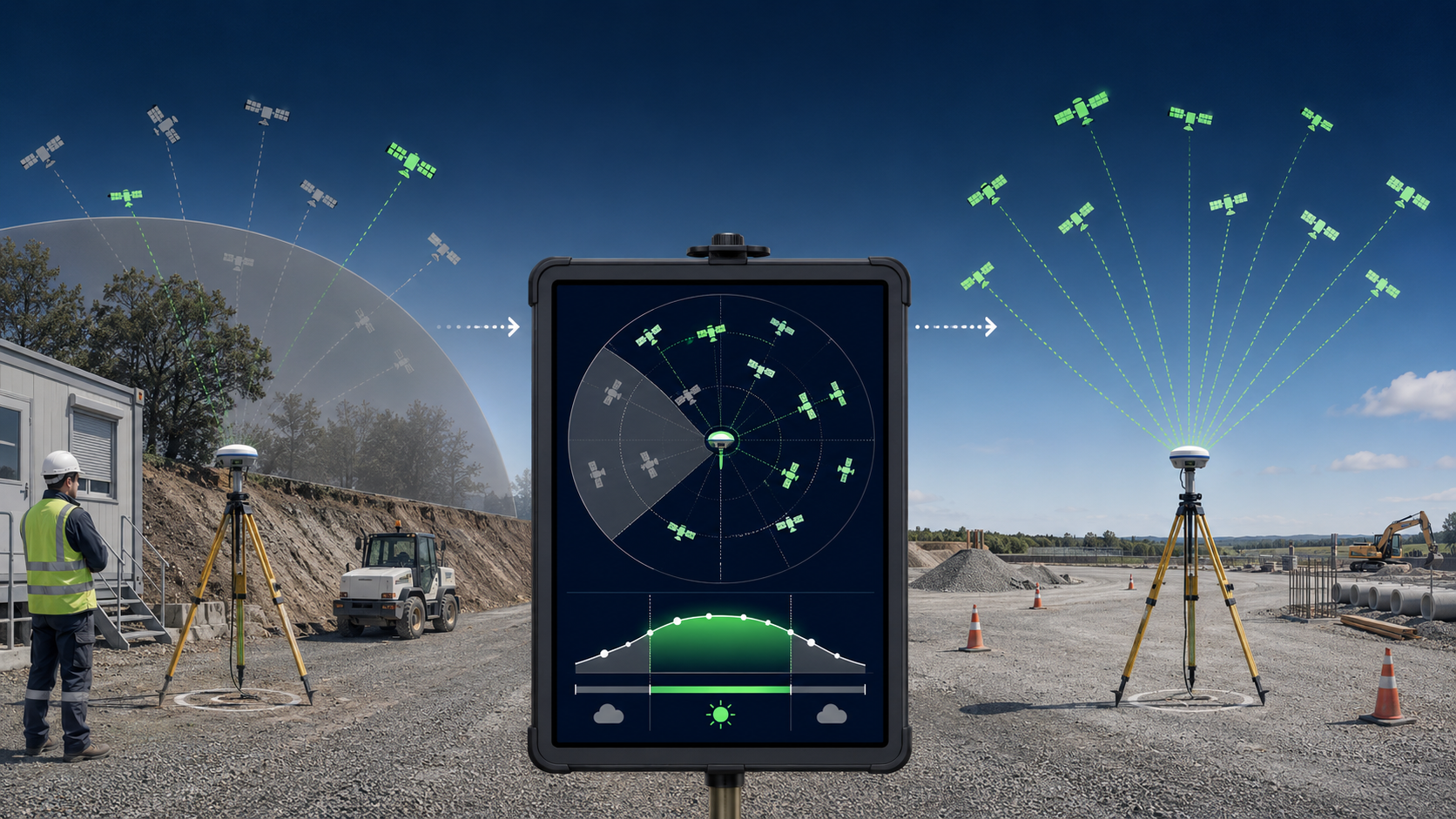 Illustration pédagogique en trois parties sur un chantier de Travaux Publics. À gauche, un opérateur en EPI observe une antenne GNSS sur trépied placée près d’obstacles comme un bâtiment, des arbres et un talus, avec une zone de masque partiel dans le ciel. Au centre, une tablette affiche une planification GNSS simplifiée avec des satellites visibles ou masqués et une courbe abstraite indiquant une fenêtre favorable. À droite, une antenne GNSS fonctionne dans de meilleures conditions, avec davantage de satellites répartis dans le ciel et des signaux directs, illustrant une période d’observation plus fiable.