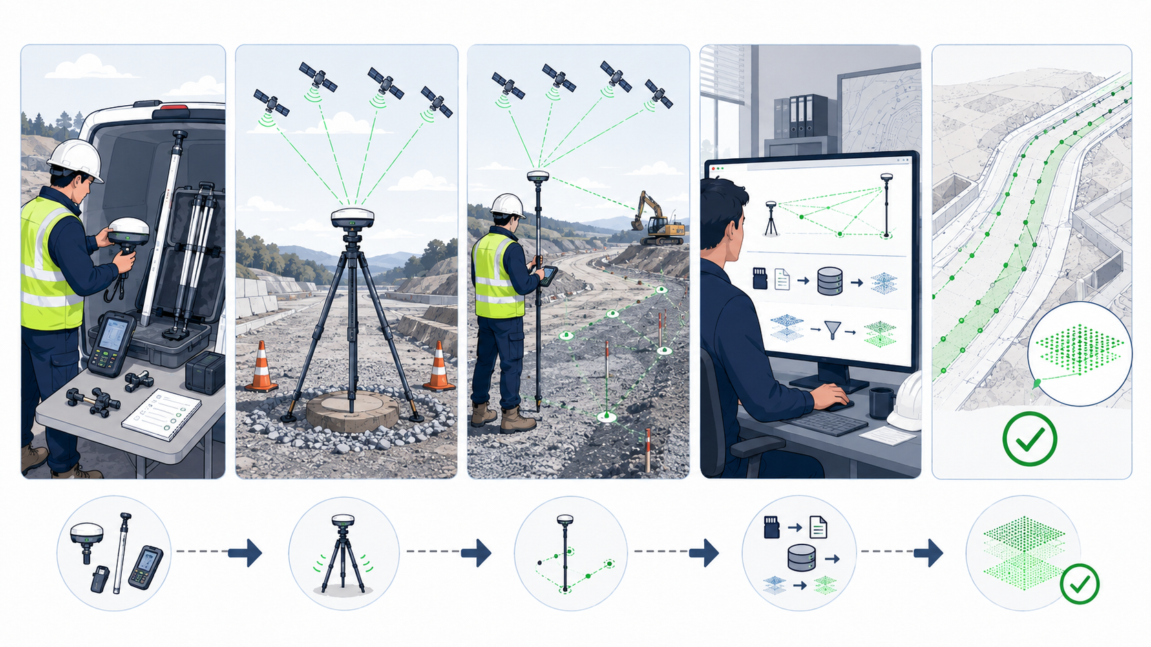 Infographie pédagogique en cinq étapes montrant le déroulement d’un lever PPK pivot libre sur un chantier de Travaux Publics. La première scène montre un géomètre préparant le matériel GNSS près d’un véhicule. La deuxième montre un récepteur GNSS installé sur trépied comme pivot libre, recevant les signaux de plusieurs satellites. La troisième montre l’opérateur réalisant le lever mobile sur le terrain avec une canne GNSS et plusieurs points relevés. La quatrième scène montre le traitement des données au bureau sur ordinateur, avec les observations du pivot et du mobile. La cinquième montre un résultat final validé, avec des points cohérents sur un plan de voirie et un symbole de contrôle réussi.