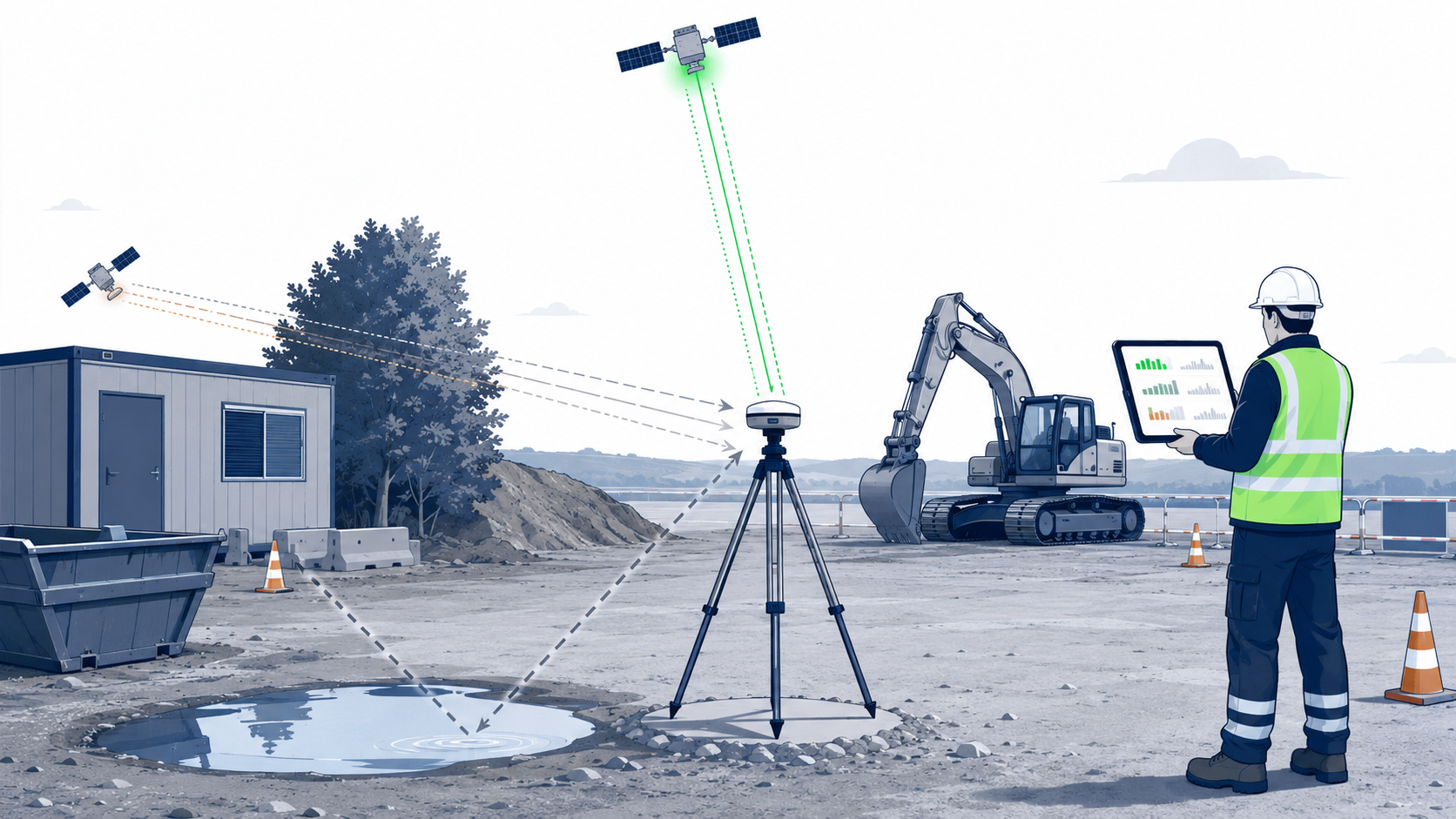 Illustration pédagogique d’un chantier de Travaux Publics avec une antenne GNSS sur trépied au centre. Un satellite haut dans le ciel envoie un signal direct et fiable vers l’antenne, tandis qu’un satellite bas près de l’horizon envoie un signal plus faible et perturbé. Autour du point de stationnement, un bâtiment de chantier, un arbre, un talus et un engin atténuent certains signaux. Une flaque d’eau au sol provoque une réflexion du signal avant son arrivée à l’antenne. À droite, un opérateur en casque et gilet de sécurité observe une tablette affichant des barres de réception stables ou irrégulières.