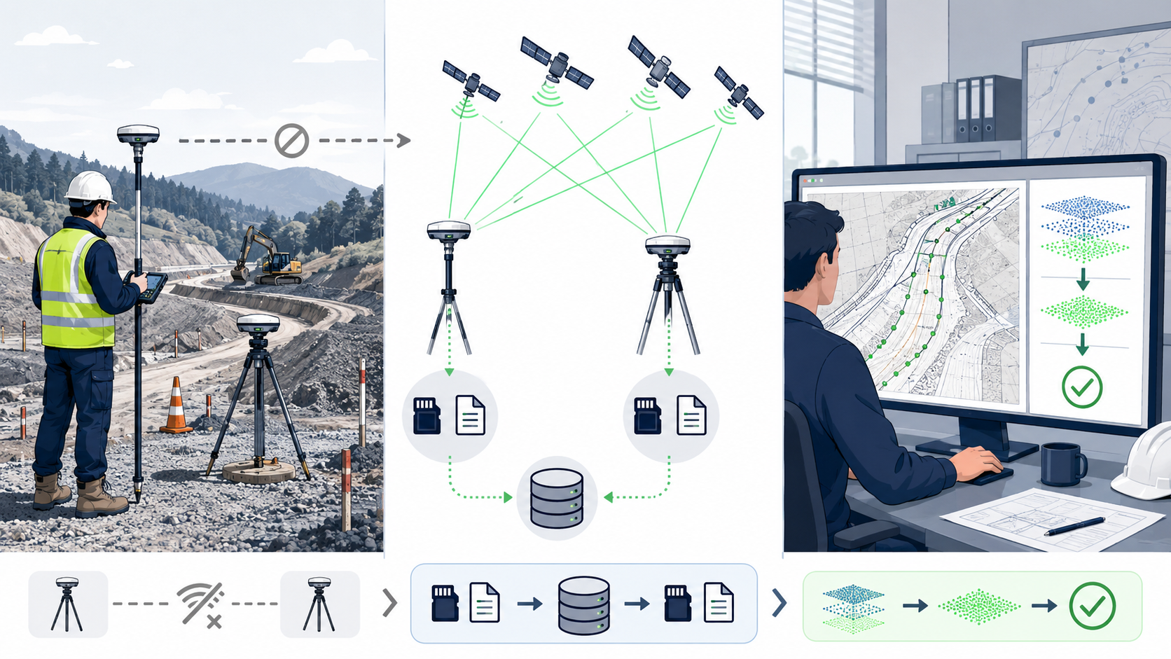 Illustration pédagogique en trois parties montrant le principe du PPK pivot libre sur un chantier de Travaux Publics. À gauche, un géomètre en EPI réalise un lever GNSS dans une zone isolée avec un récepteur mobile et un second récepteur installé en pivot libre sur un point stable. Au centre, les signaux satellites sont reçus par les deux appareils et les observations sont enregistrées sous forme de données stockées, sans correction immédiate. À droite, un opérateur traite les données au bureau sur ordinateur pour croiser les observations du mobile et du pivot libre, puis obtenir des positions précises validées.