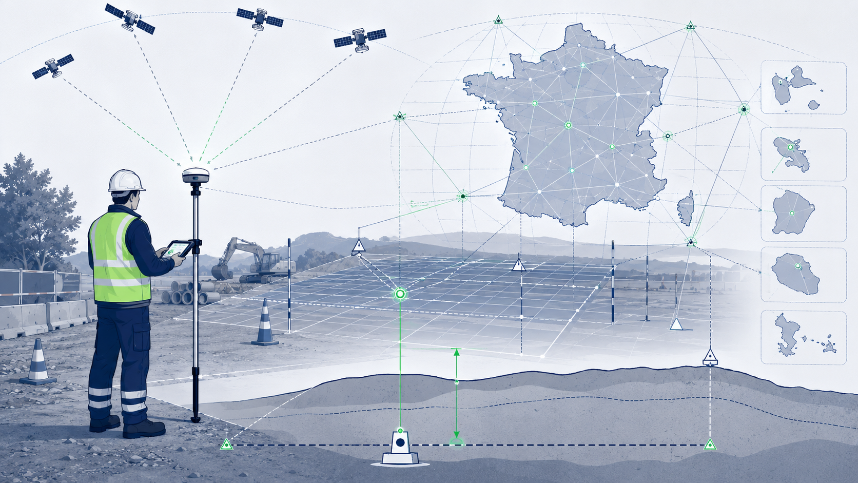 Illustration pédagogique d’un topographe sur un chantier de Travaux Publics utilisant une antenne GNSS et un contrôleur terrain. Autour de la mesure apparaissent une grille de coordonnées, des repères géométriques et une carte stylisée de la France avec plusieurs territoires ultramarins, reliés par un réseau de points de référence. En partie basse, une coupe du sol avec un repère vertical et un niveau de référence évoque la prise en compte de l’altitude. L’ensemble montre que les données GNSS doivent être rattachées au bon système géodésique, à la bonne projection et au bon système altimétrique.