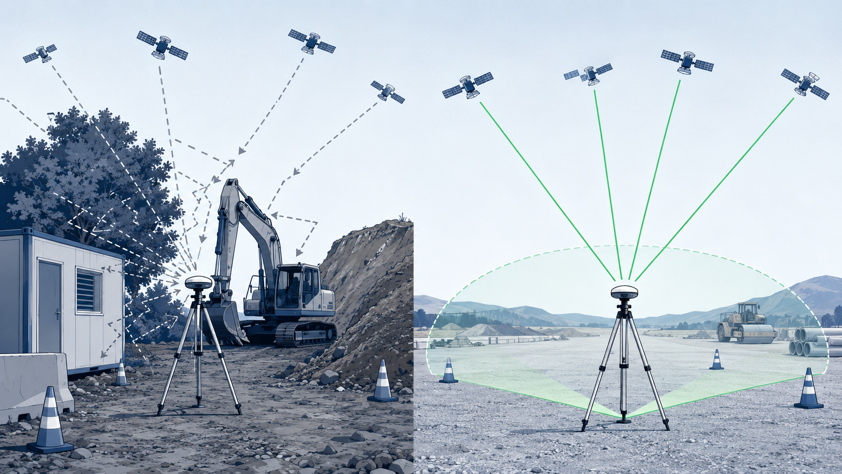 Illustration pédagogique en deux parties montrant une antenne GNSS sur chantier. À gauche, l’antenne est placée près d’un bâtiment, d’un arbre, d’un engin et d’un talus, ce qui masque ou réfléchit les signaux satellites. À droite, l’antenne est installée sur une zone ouverte avec un horizon dégagé, recevant des signaux directs et continus.