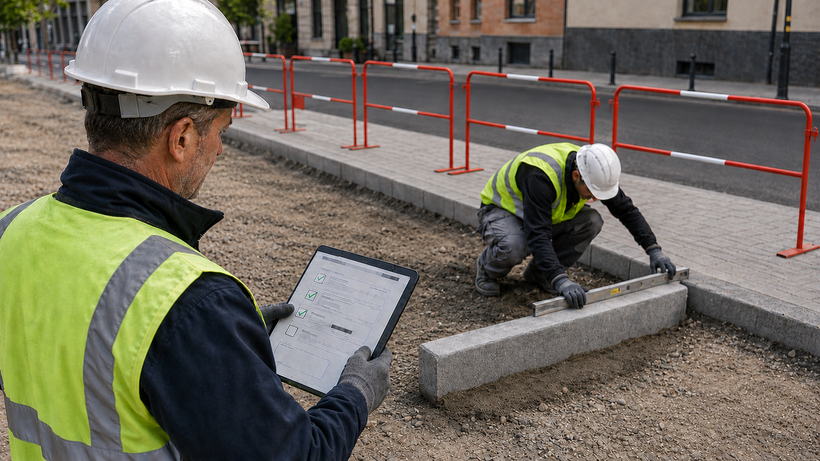Chef de chantier en EPI consultant une fiche de contrôle sur tablette pendant qu’un ouvrier règle une bordure sur un chantier urbain sécurisé par des barrières.