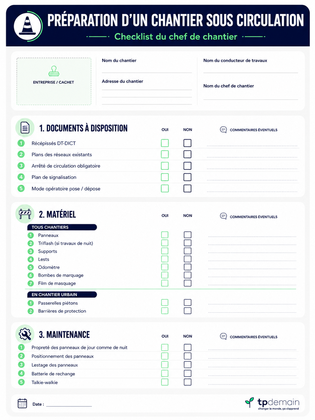 Infographie verticale représentant une checklist de préparation d’un chantier sous circulation. Le document comporte des champs d’identification du chantier, puis trois grandes rubriques : documents à disposition, matériel nécessaire et maintenance. Chaque ligne permet de vérifier la présence d’éléments comme les récépissés DT-DICT, les plans des réseaux, l’arrêté de circulation, le plan de signalisation, les panneaux, les supports, les lests, les barrières de protection, la propreté des panneaux, leur positionnement, les batteries de rechange et les moyens de communication. Le visuel sert d’outil pratique pour aider le chef de chantier à préparer une intervention en sécurité.