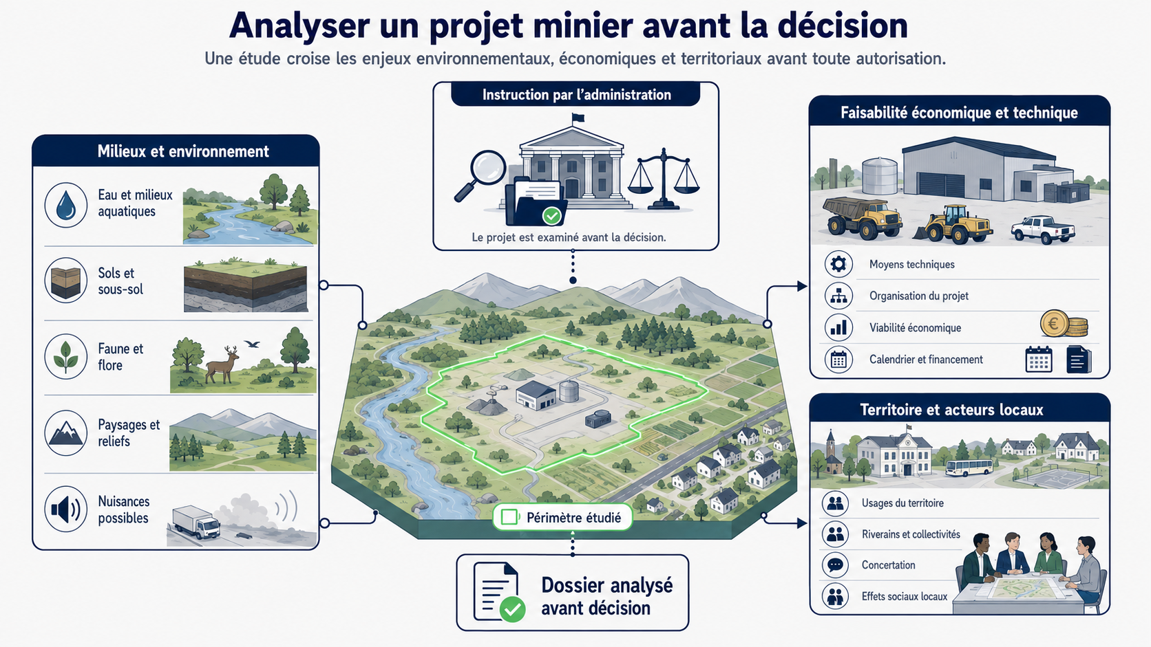 Infographie montrant l’analyse d’un projet minier avant décision administrative. Au centre, une carte du territoire présente le périmètre étudié du projet. Autour, plusieurs blocs détaillent les éléments examinés : les milieux et l’environnement, avec l’eau, les sols, la faune, la flore, les paysages et les nuisances possibles ; la faisabilité économique et technique, avec les moyens, l’organisation, le calendrier et le financement ; et les enjeux territoriaux, avec les usages locaux, les riverains, les collectivités, la concertation et les effets sociaux. L’image montre que la décision ne dépend pas seulement de la faisabilité technique, mais aussi de l’intégration du projet dans son territoire.