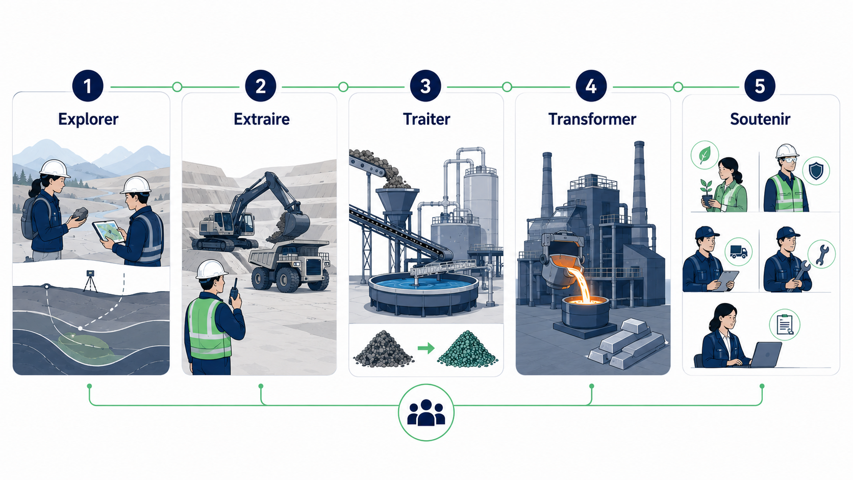 Infographie pédagogique en flat design montrant les grandes étapes d’un projet minier sous forme de frise visuelle simplifiée. L’image illustre les métiers et fonctions associés tout au long du projet : repérage du potentiel minier, exploration du sous-sol, étude et validation du projet, préparation et développement du site, exploitation, ajustements en cours d’activité, puis fermeture et réhabilitation. L’ensemble met en évidence la progression du projet et la diversité des compétences mobilisées.