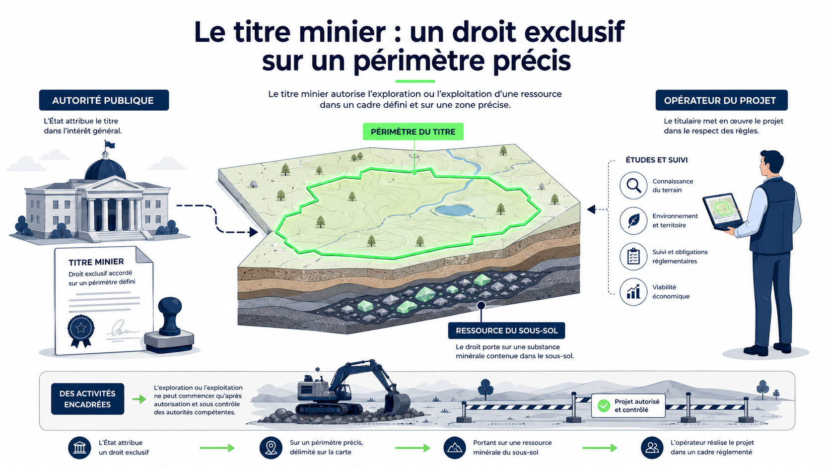 Infographie expliquant le principe du titre minier. Au centre, une carte en coupe montre un périmètre délimité à la surface et une ressource minérale située dans le sous-sol. À gauche, l’autorité publique attribue le titre dans l’intérêt général. À droite, l’opérateur du projet réalise les études, suit ses obligations réglementaires et met en œuvre le projet dans le respect des règles. L’image rappelle que les activités minières sont encadrées, qu’elles portent sur une zone précise et qu’elles ne peuvent commencer qu’après autorisation et contrôle des autorités compétentes.