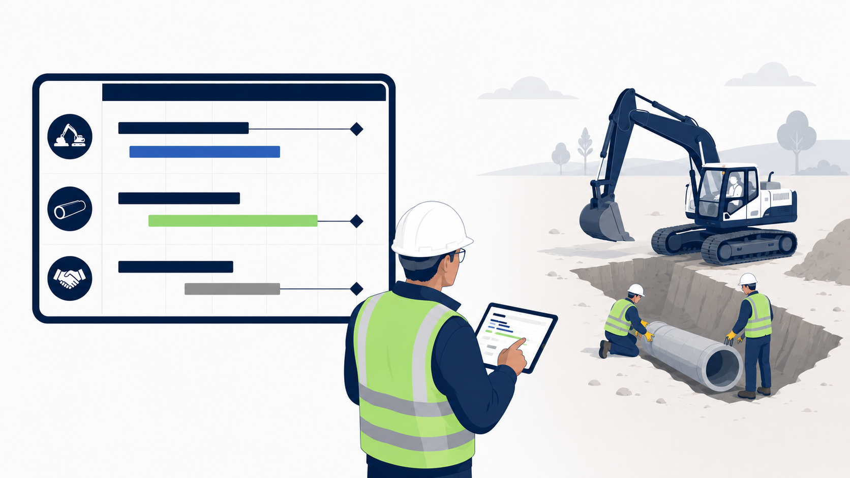 Illustration vectorielle montrant un conducteur de travaux en EPI consultant une tablette entre un planning de type Gantt et une scène de chantier TP avec pelle mécanique, tranchée et pose de canalisation.