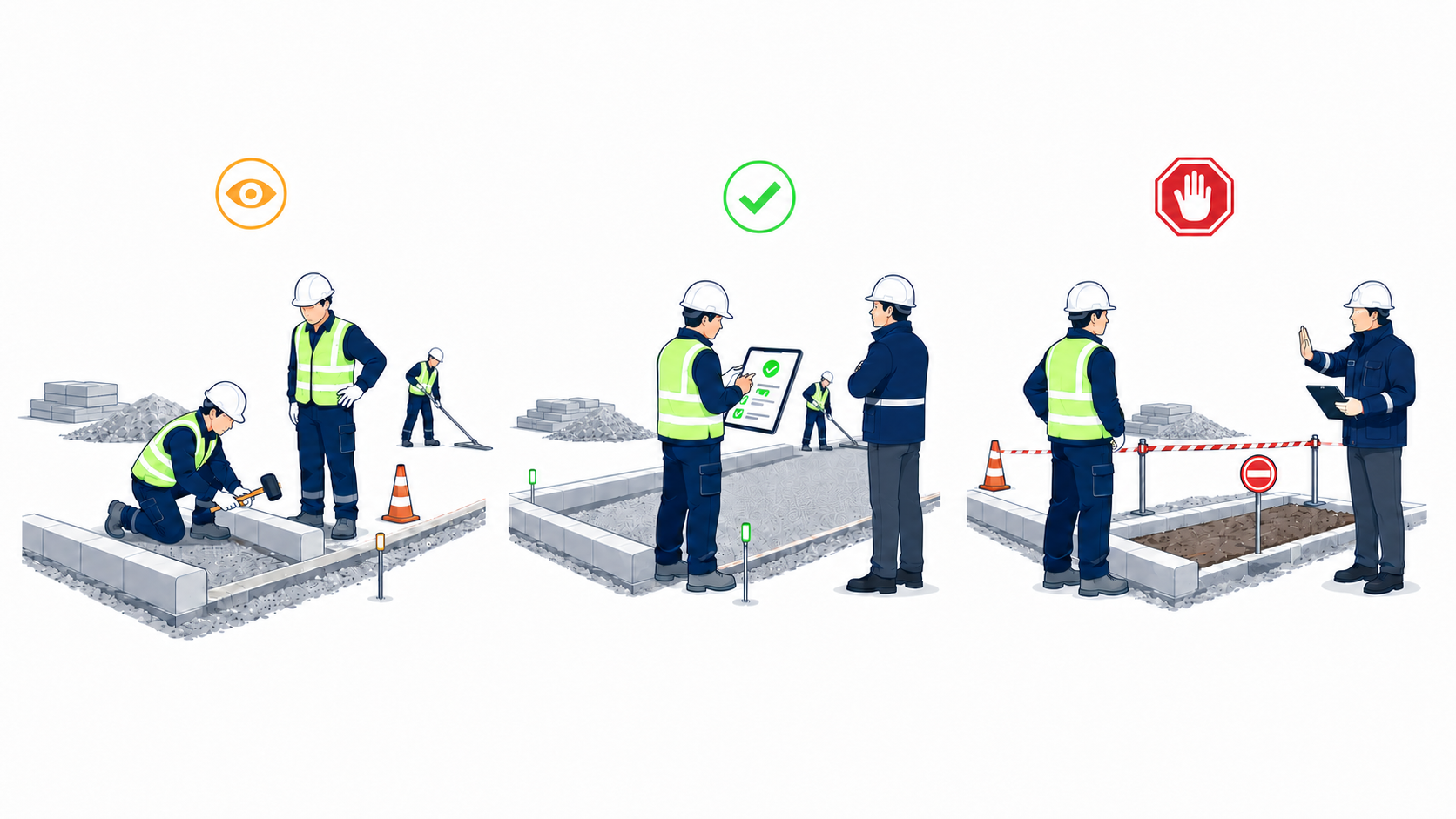 Points sensibles critiques arrêt : illustration pédagogique des trois niveaux de contrôle sur chantier de Travaux Publics.
