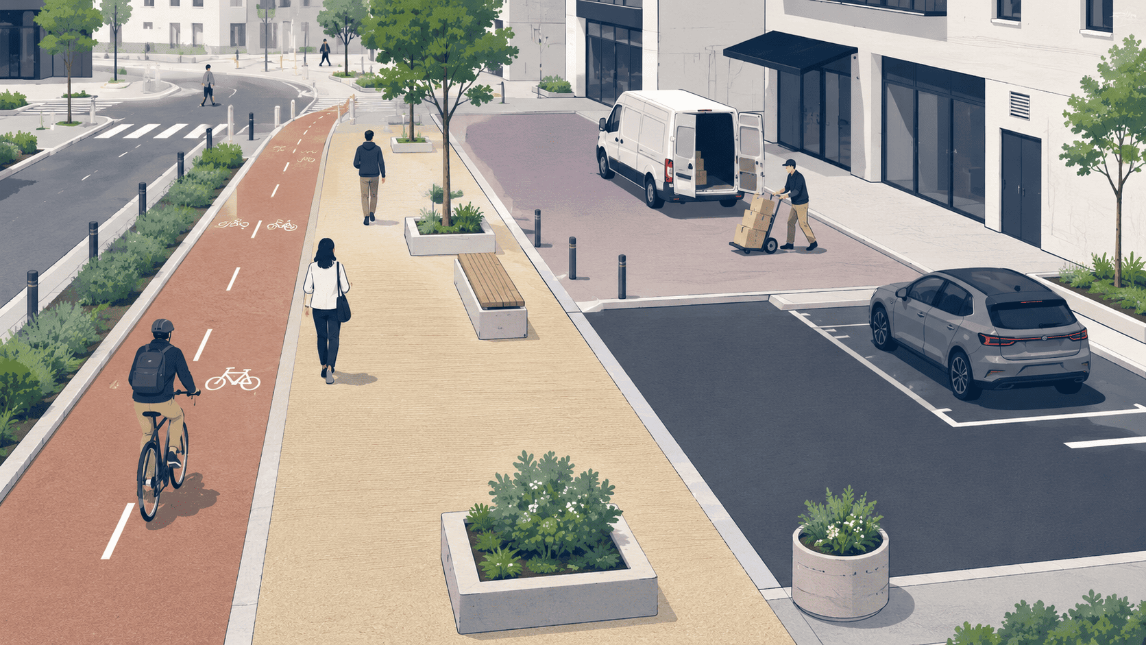 Illustration d’un aménagement urbain utilisant différents enrobés colorés pour distinguer une piste cyclable, un cheminement piéton, une zone de livraison et un parking.