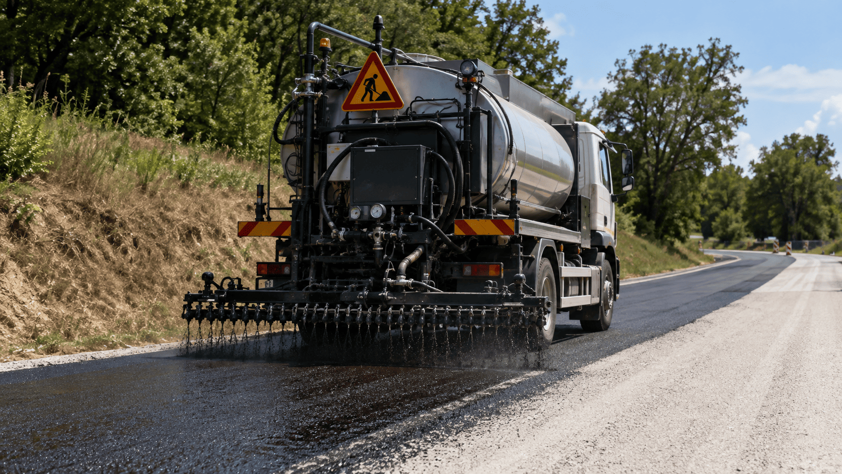 Camion répandeur appliquant une émulsion bitumineuse sur une chaussée dans le cadre de travaux routiers.