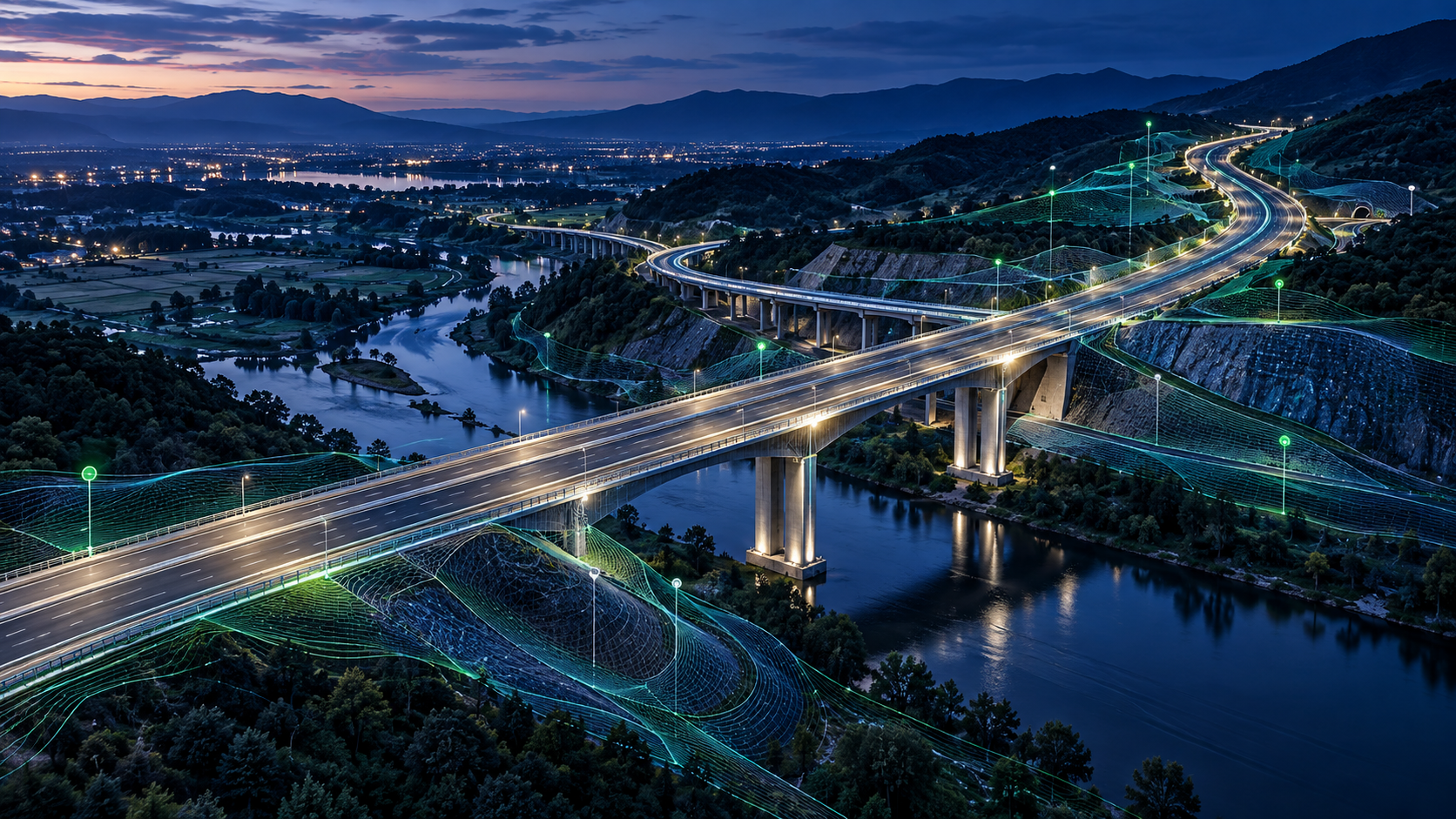 Vue aérienne conceptuelle d’un pont routier avec une surimpression discrète de données numériques.